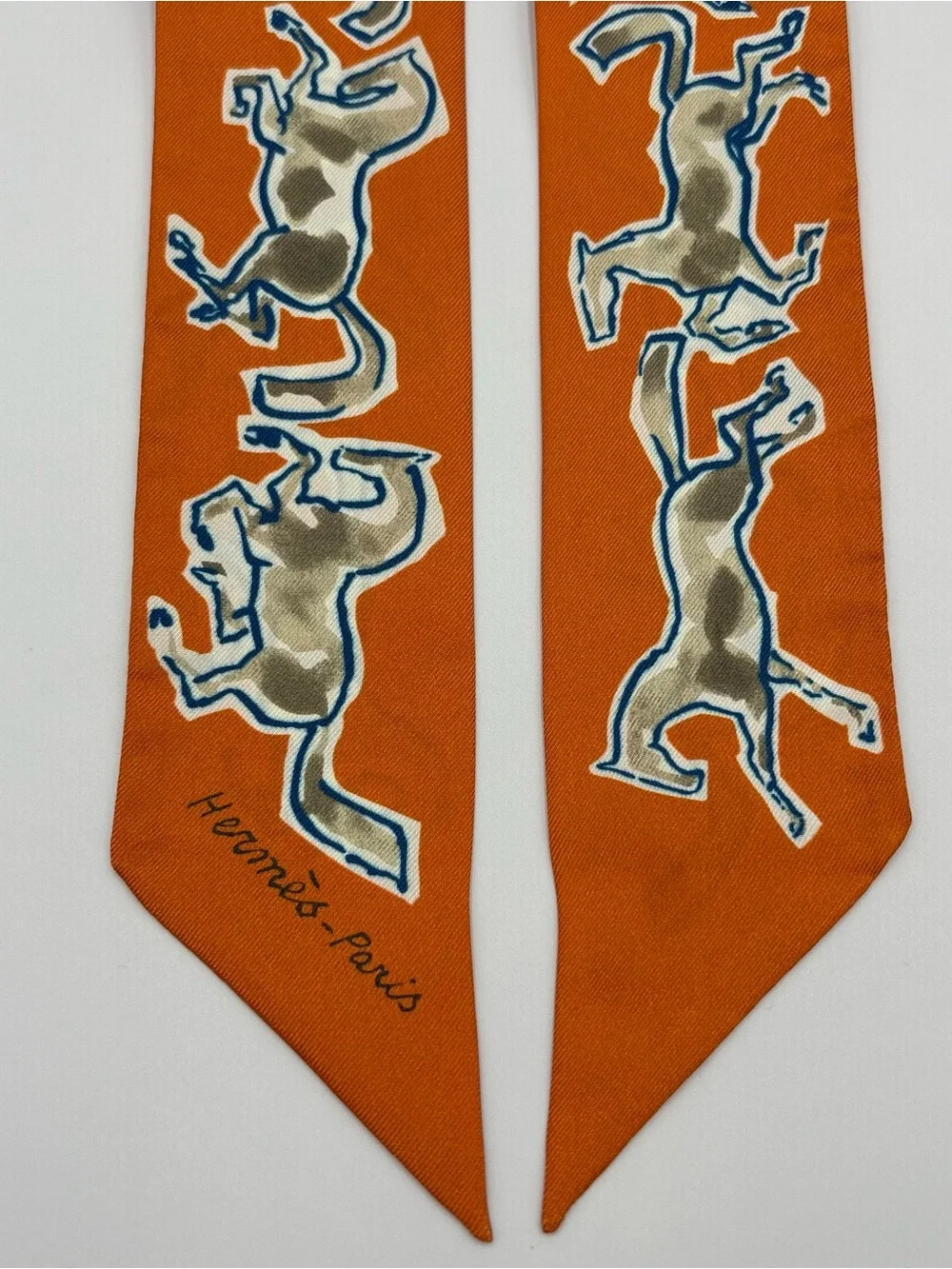 Hermès Twilly Chevaux en Liberté Silk Scarf Orange Taupe Horse Bag Scarf - Picture 3 of 6